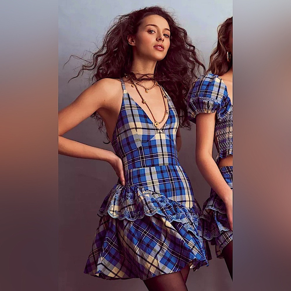 Marion Cotton Plaid Mini Dress In Blue